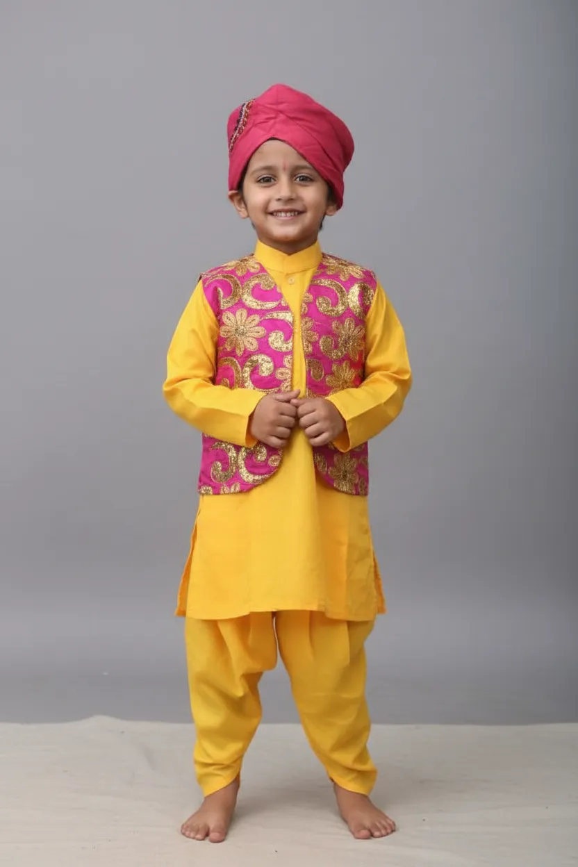 Boy's Punjabi Bhangra Costume for Dance Performance – Red & Golden