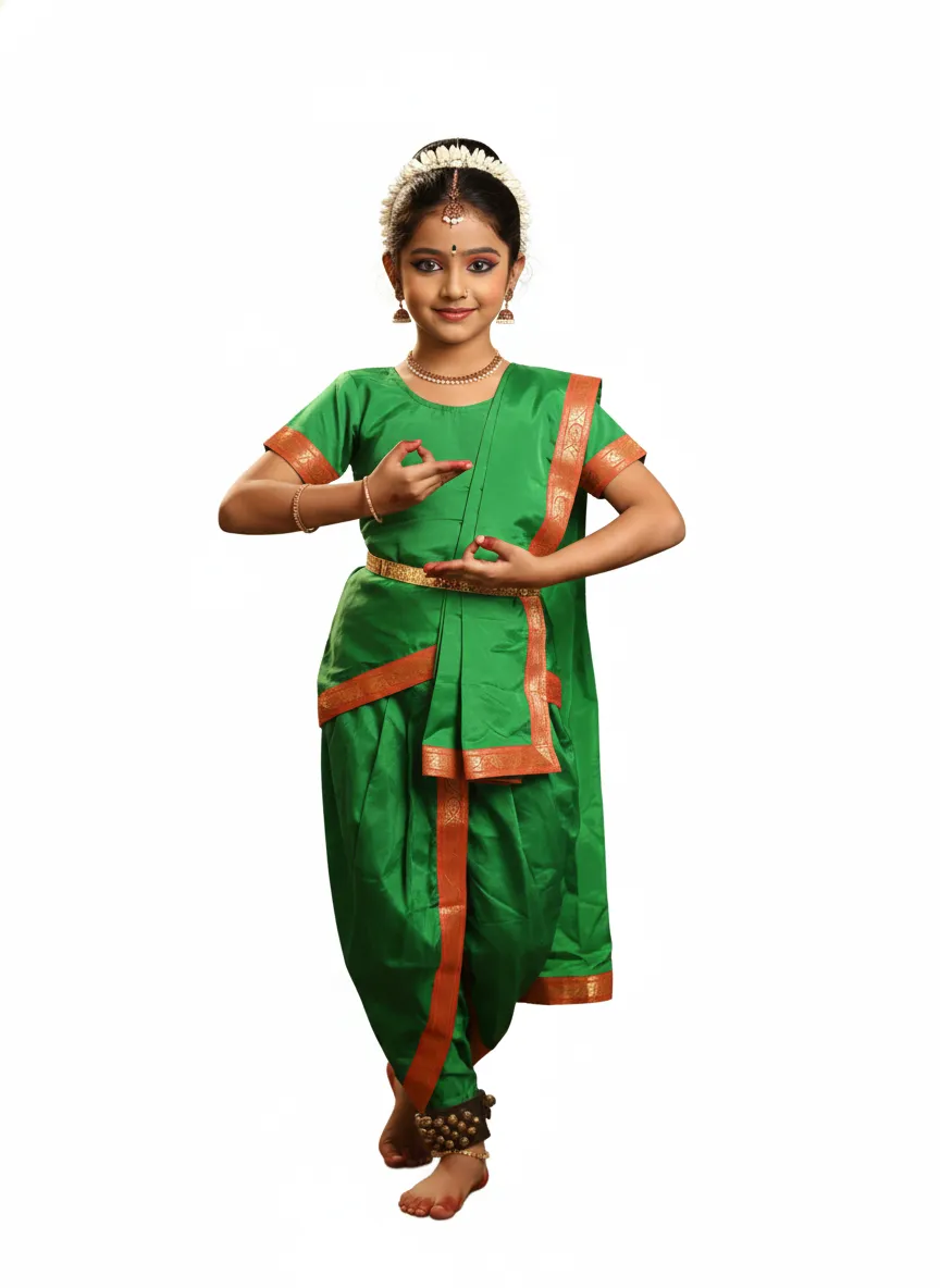 Girl's Marathi Lavani Dance Costume with Border - Green