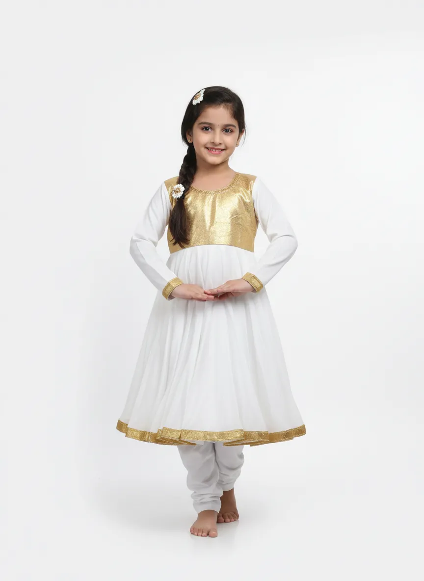 Girl's Anarkali Dress with Golden Border - White & Golden