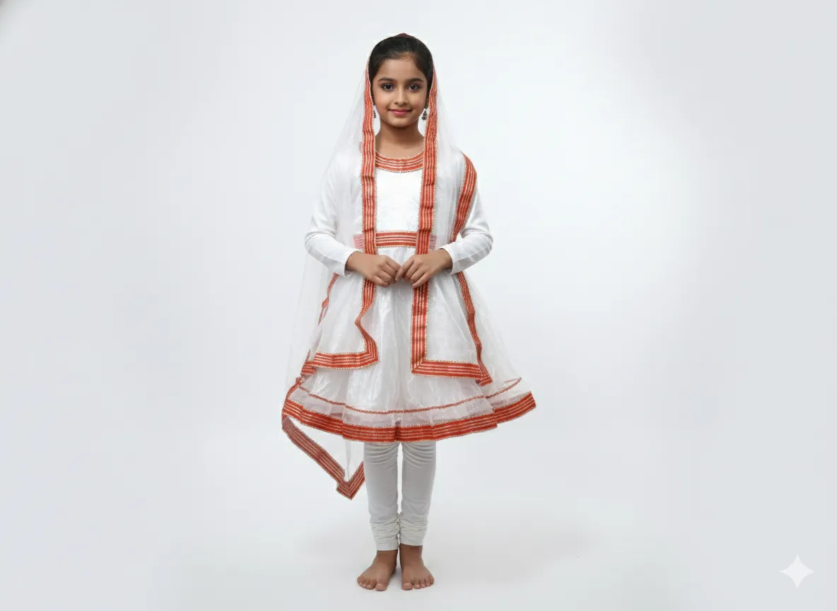 Girl's Kathak Dance Costume - White & Red