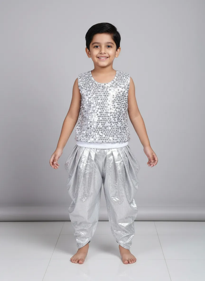 Boy's Silver Sequin Dance Costume with Dhoti Pants - Silver