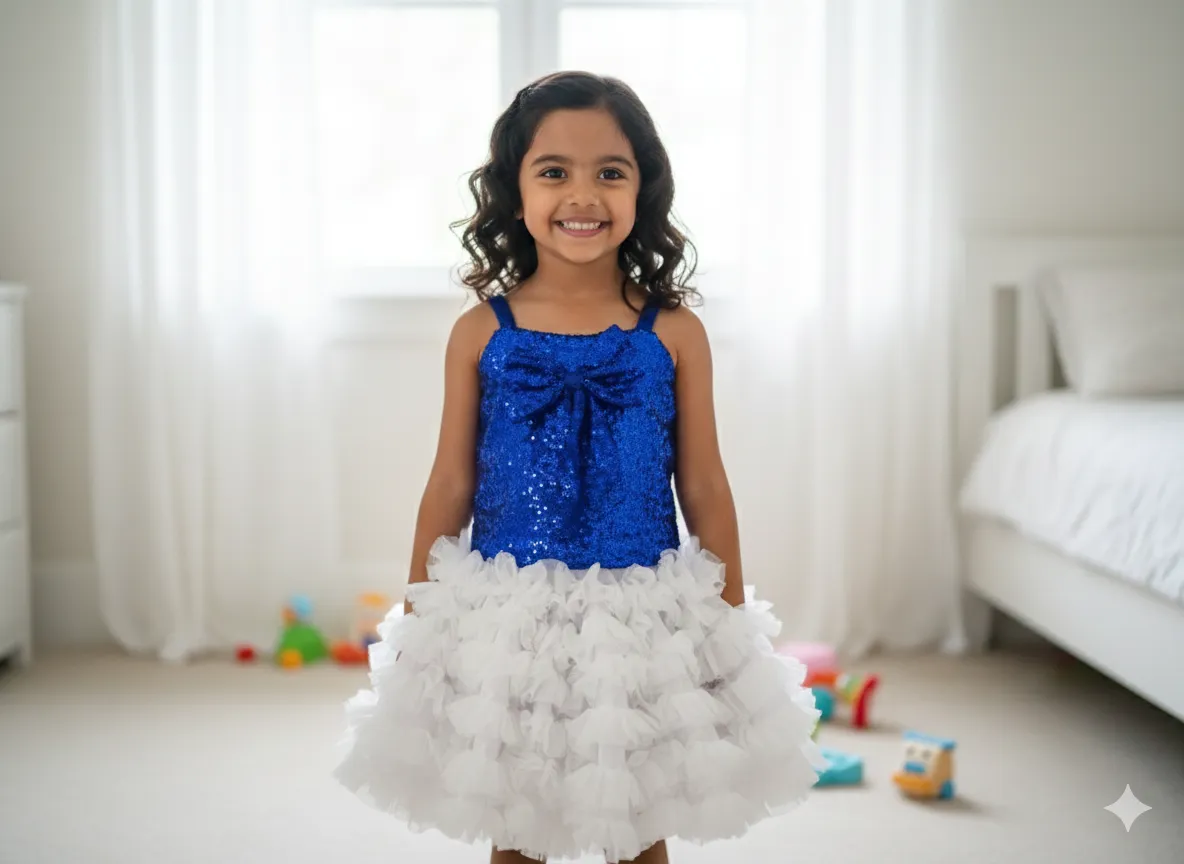 Girl's Blue Sequin Top with White Frill Skirt Dance Costume - Blue & White