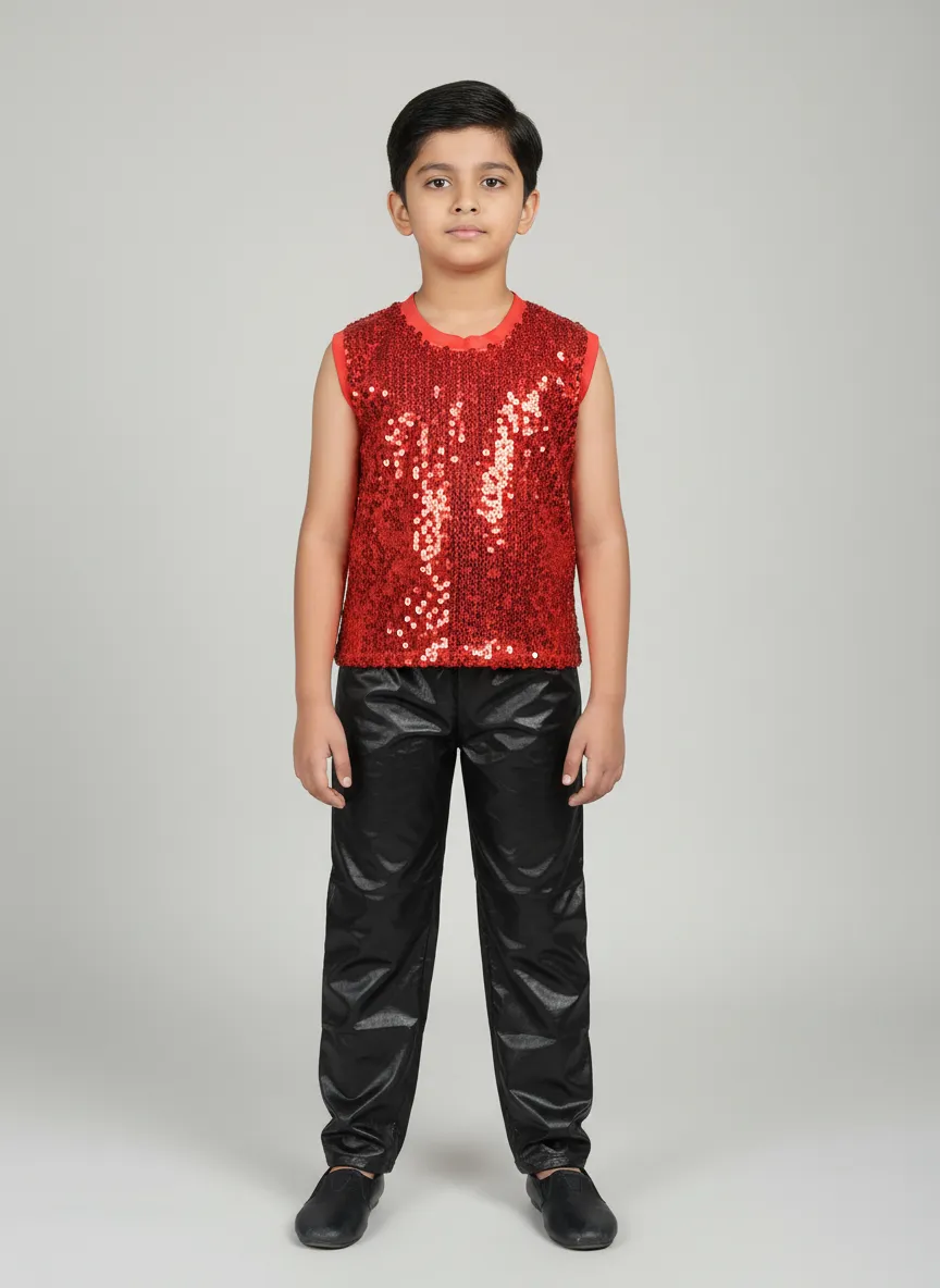 Boy's Red Sequin Dance Costume with Black Pants - Red & Black