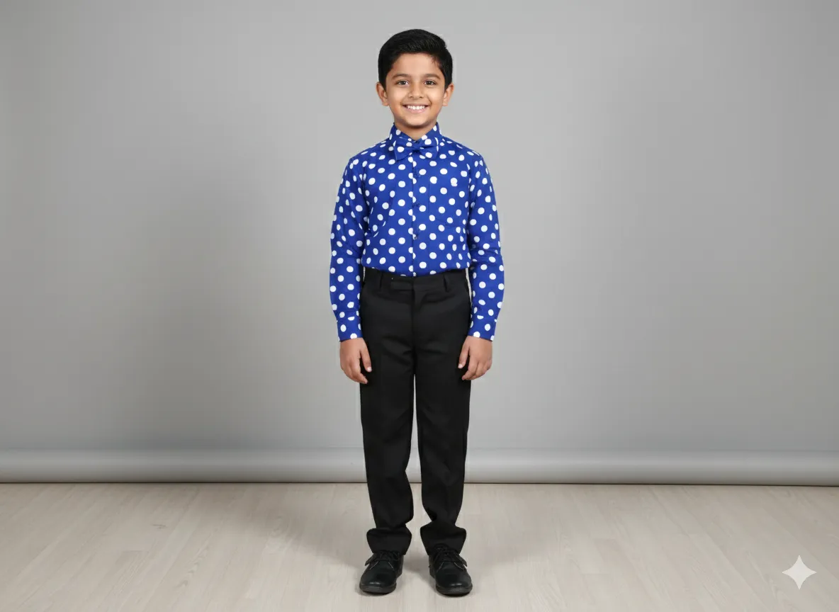Boy's Blue Polka Dot Shirt with Black Pants - Blue & Black