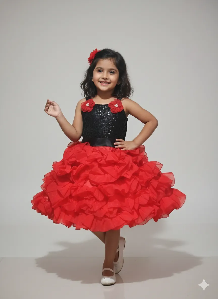 Girl's Red Frill Party Dress - Red & Black