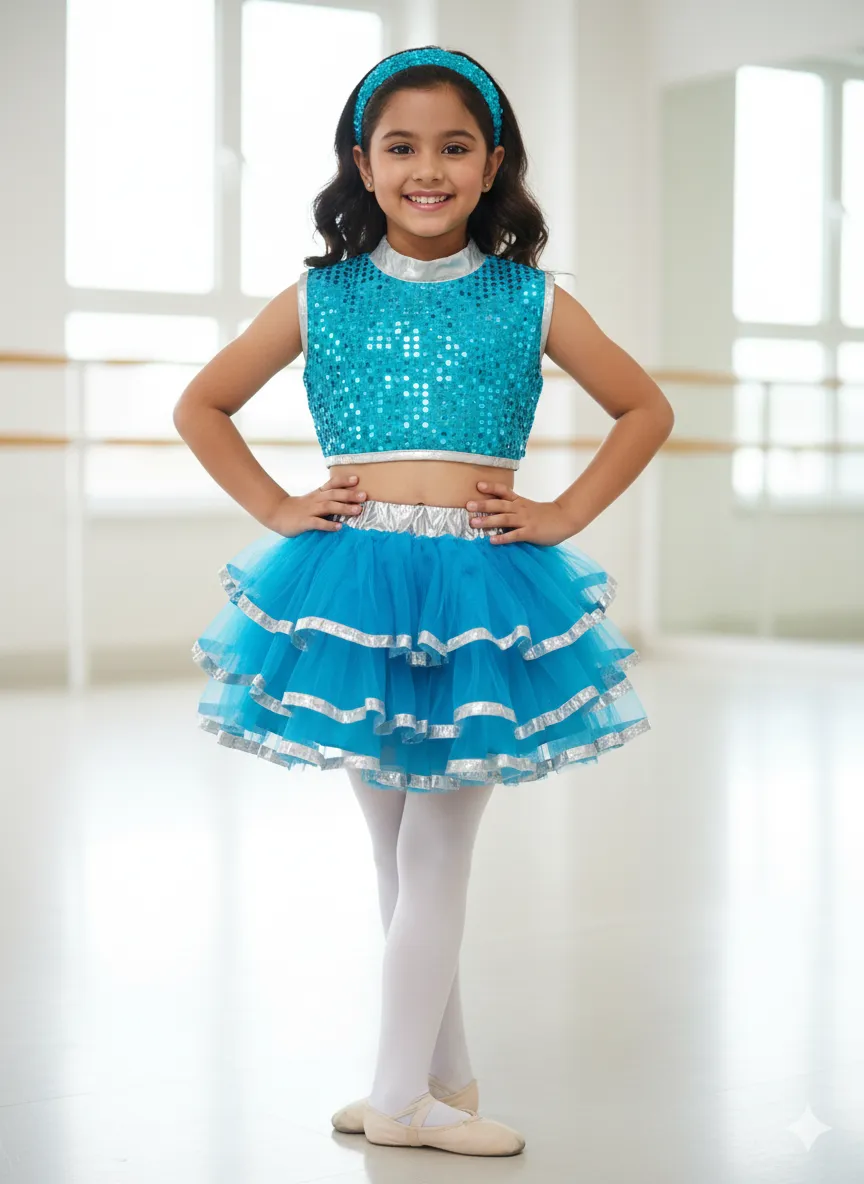 Girl's Blue Ruffle Dance Costume - Blue & Silver