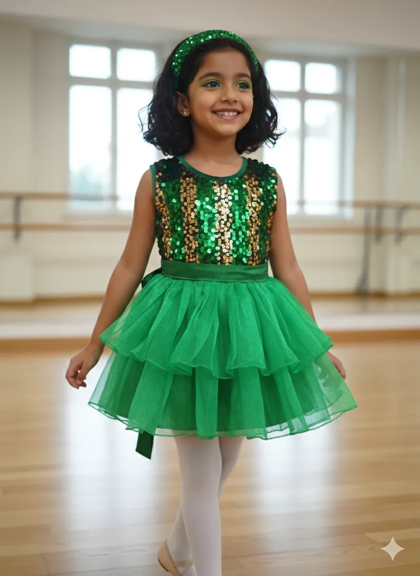 Girl's Green Sequin Dance Costume with Layered Tutu Skirt - Green