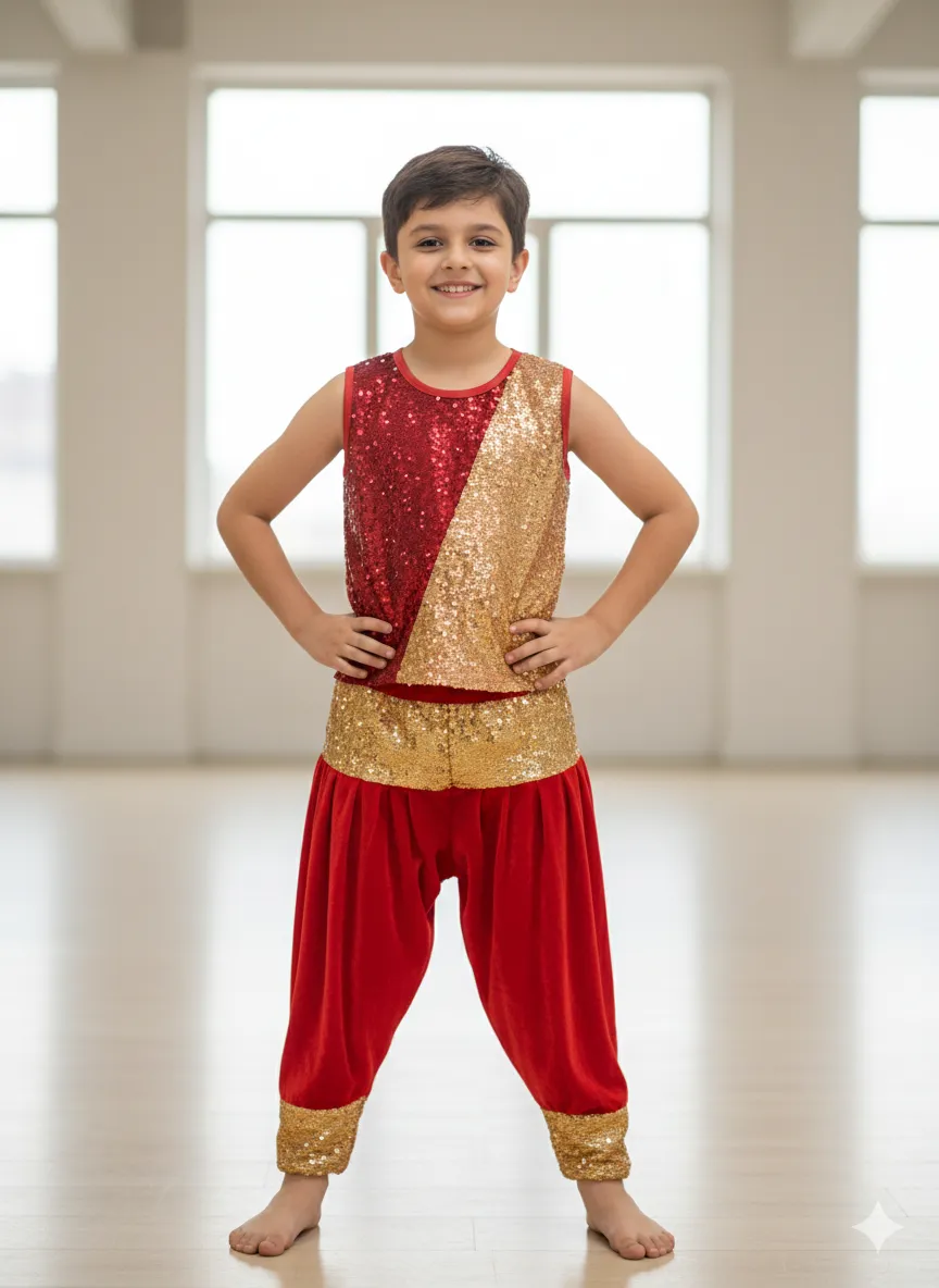 Boy's Red & Gold Sequin Dance Costume with Harem Pants - Red & Gold