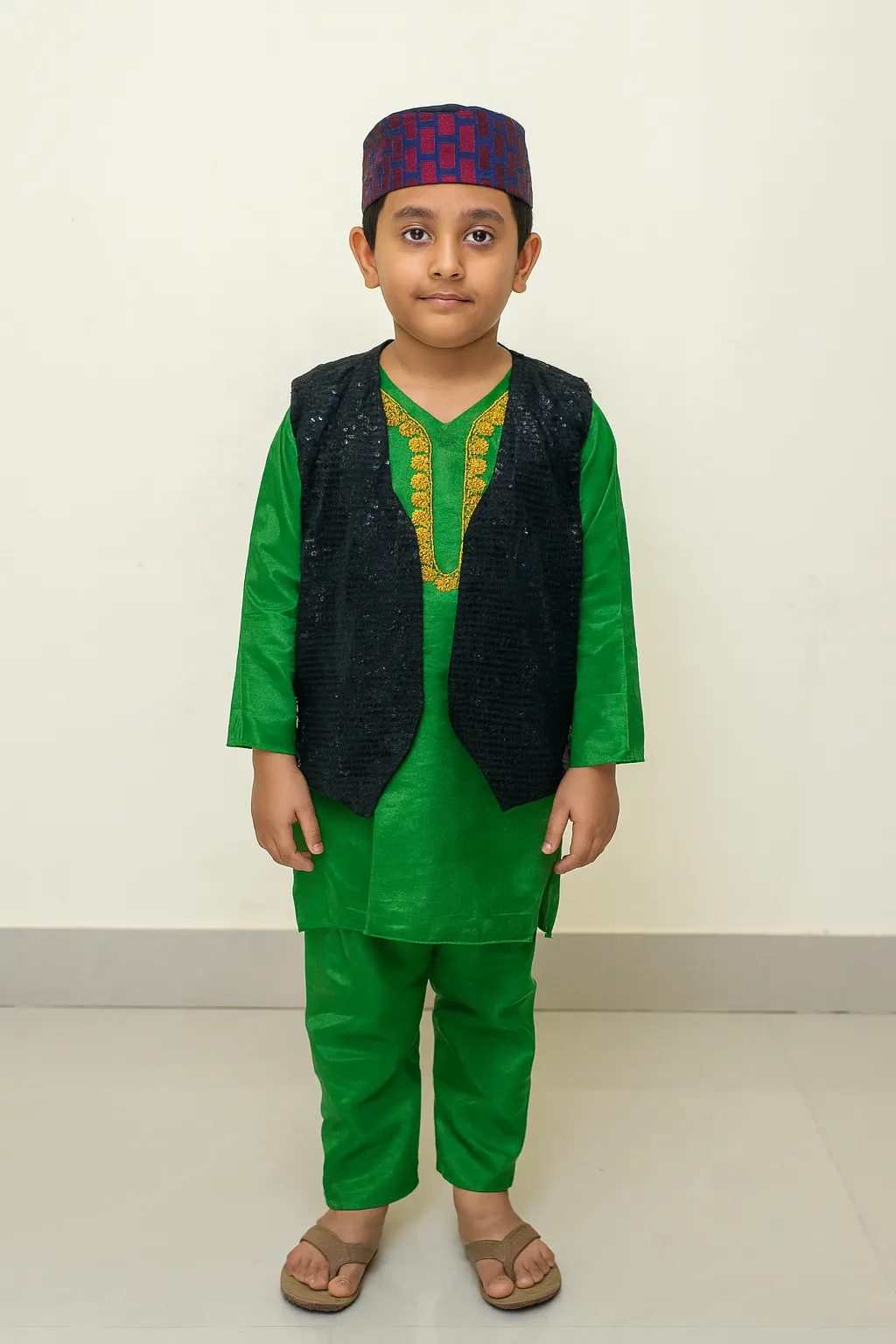 Boy's Green Kurta Pyjama with Black Waistcoat Fancy Dress Costume - Green & Black