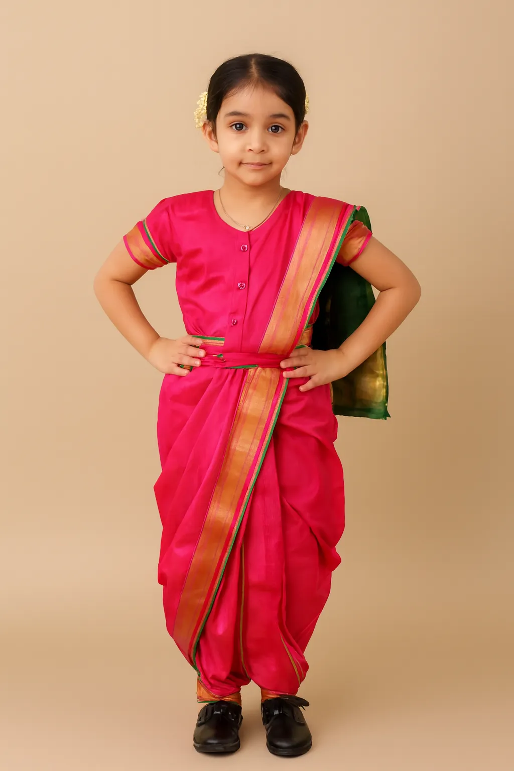 Girl's Marathi Lavani Dance Costume with Border - Pink
