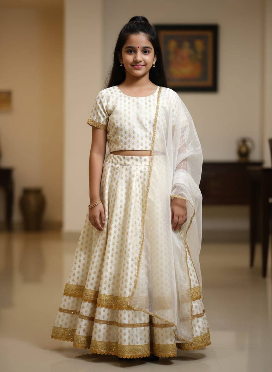 Girls Ivory & Gold Traditional Lehenga Choli - White & Gold