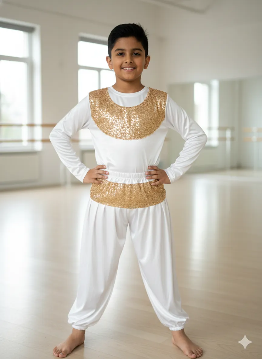 Boys Dance Costume Set with Sequin Chest Panel - White & Gold