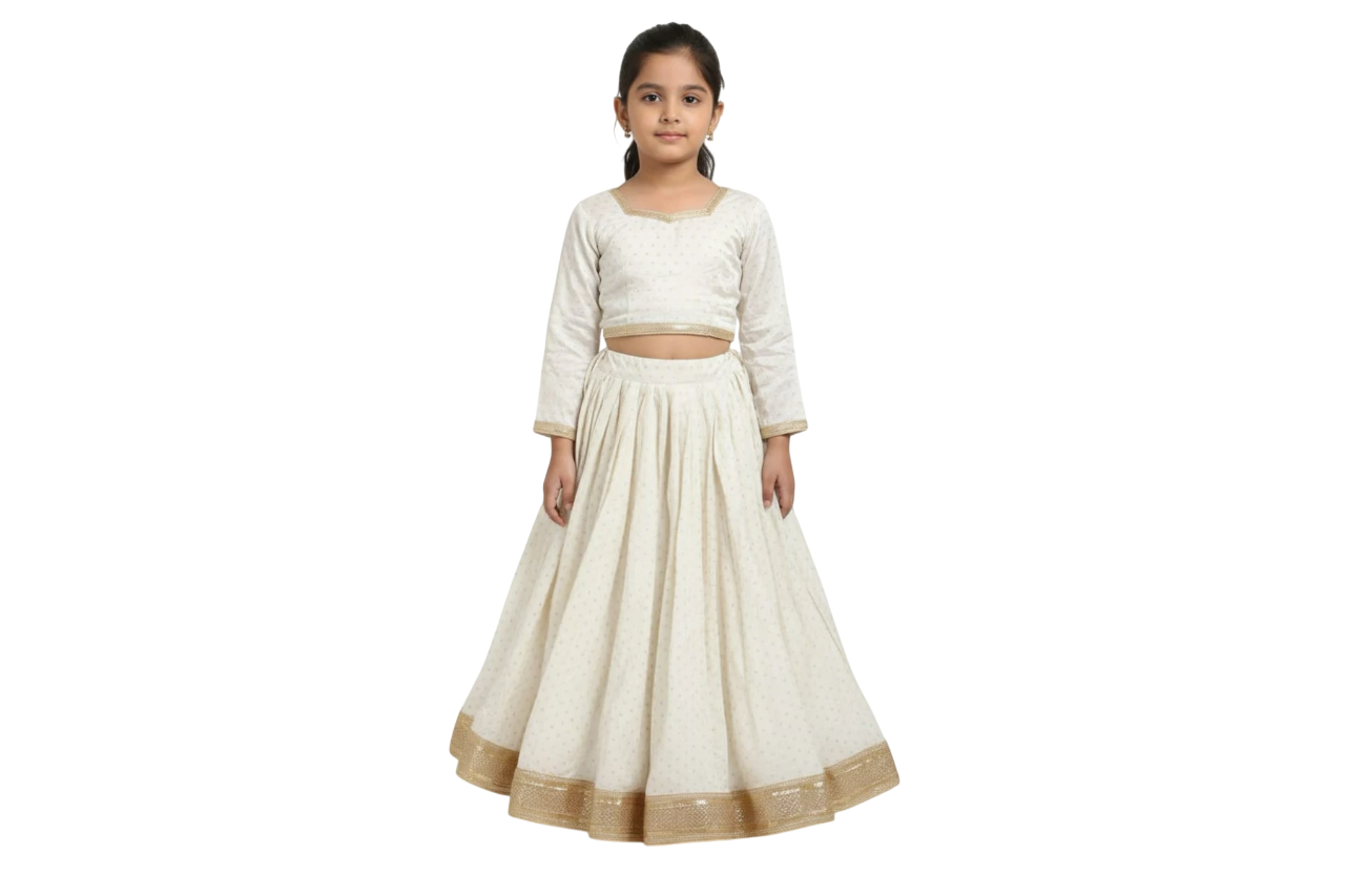 Girls Ivory & Gold Traditional Lehenga Choli With Penta Neck - White & Gold