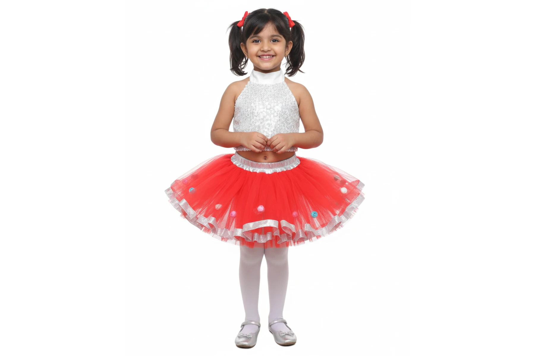 Girl's Orange Tutu Skirt Dance Costume with White Sequin Top - Silver & Orange
