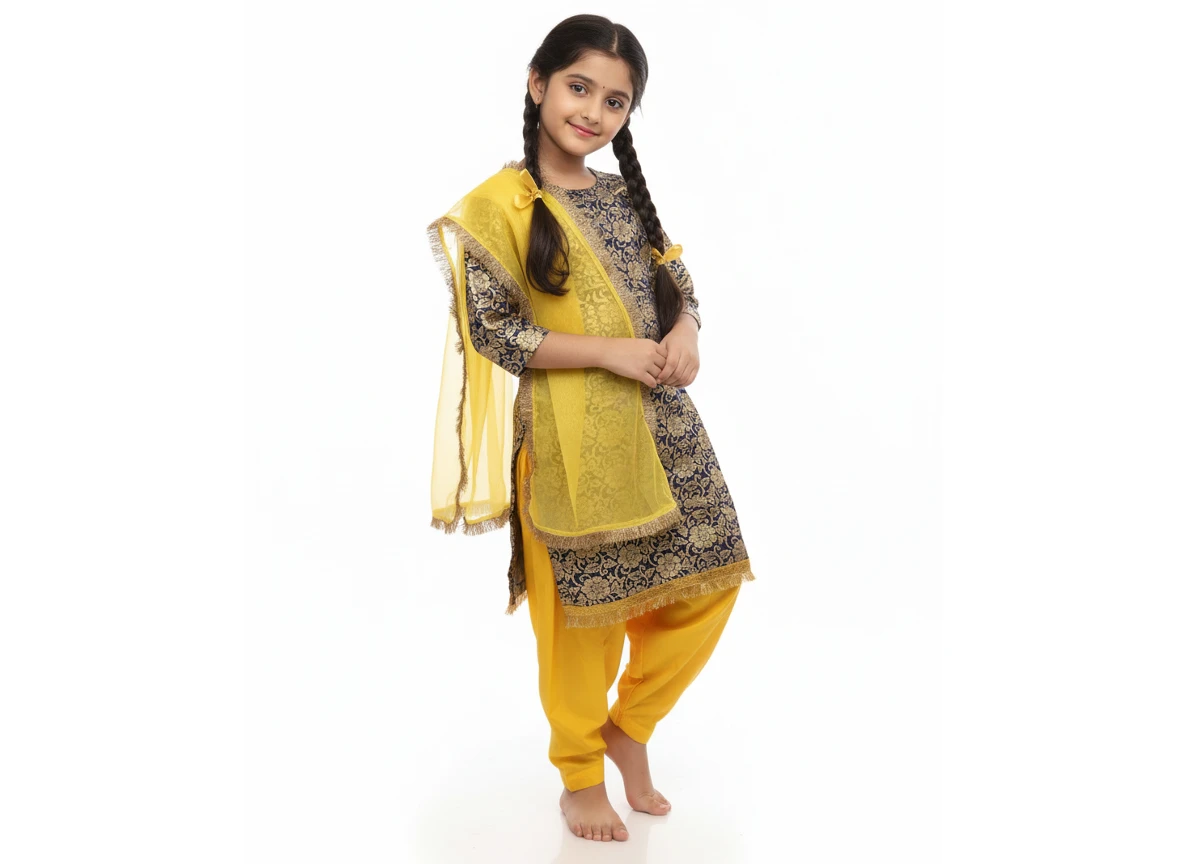 Girls Punjabi Patiala Suit for School Dance, Annual Function & Cultural Events - Yellow & Blue